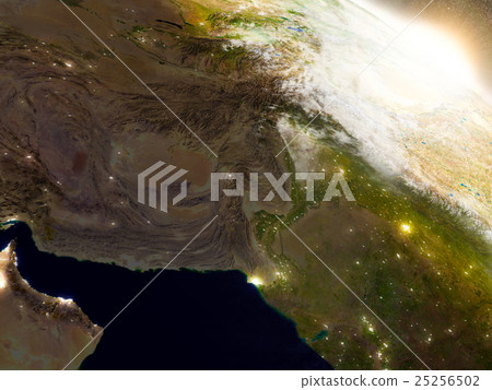 Afghanistan and Pakistan from space during sunrise 25256502