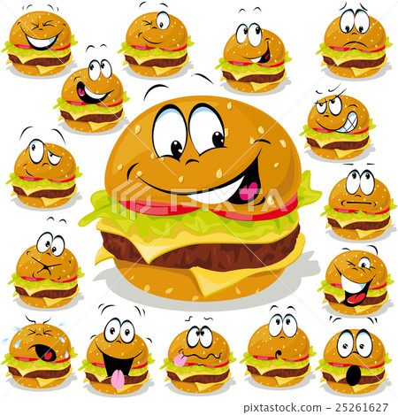 hamburger cartoon illustration with many expressio 25261627