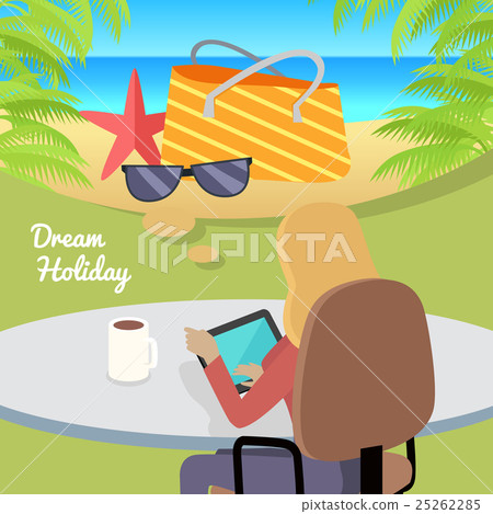 Woman Sitting with Gadget and Dreaming About Rest. 25262285