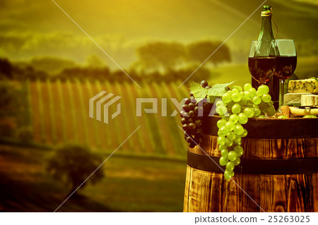 Red wine with barrel on vineyard in green Tuscany, Red wine with barrel on vineyard in green Tuscany, 25263025