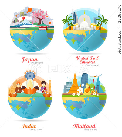 Stock Illustration: India, Emirates, Thailand, Japan Travel Posters