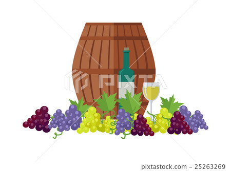 Wooden Barrel with Wine. Different Grapes Sorts . 25263269