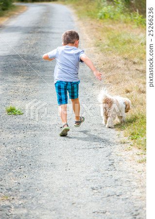 Young child running down the road with small dog 25266236