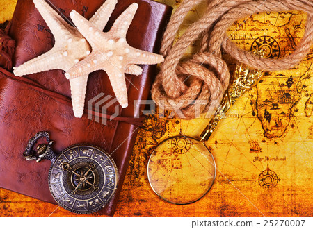 old notebook, loupe and compass on the map old notebook, loupe and compass on the map 25270007