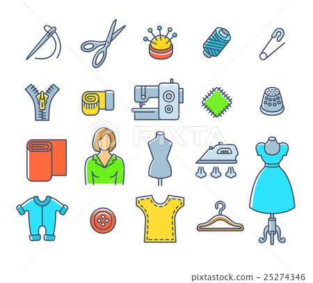 Sewing tools flat outline vector icons Sewing tools flat outline vector icons 25274346