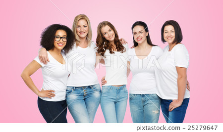 group of happy different women in white t-shirts 25279647