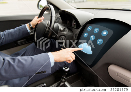 close up of man driving car with menu on computer 25281579