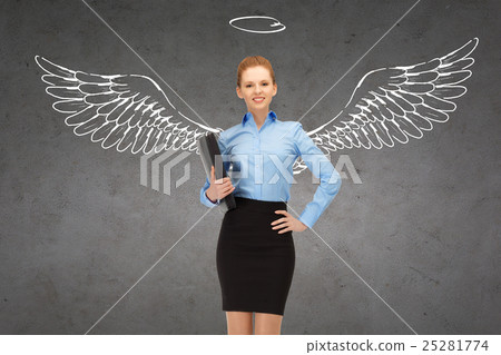 happy businesswoman with angel wings and nimbus 25281774