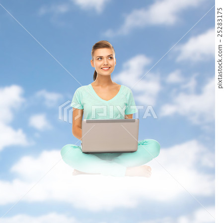 happy young woman with laptop sitting on cloud happy young woman with laptop sitting on cloud 25283175