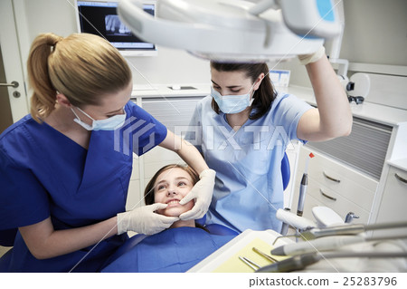 happy female dentist with patient girl at clinic happy female dentist with patient girl at clinic 25283796