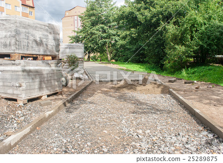 construction of a new pavement of paving slabs construction of a new pavement of paving slabs 25289875