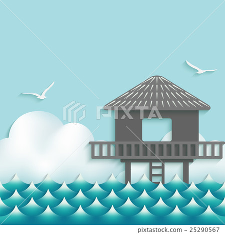 bungalow over waves. sky background with seagulls 25290567