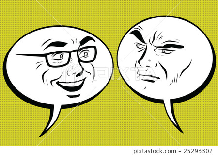 Two men joyful and angry. Comic bubble smiley face Two men joyful and angry. Comic bubble smiley face 25293302