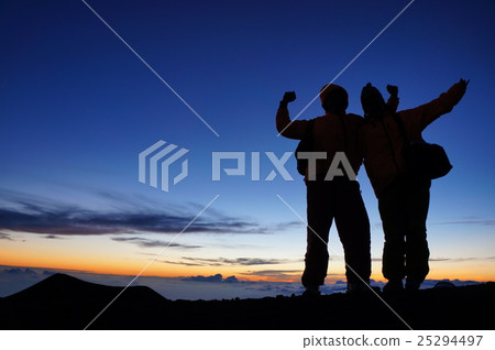 Two people rejoicing at the summit (Hawaii island Mauna Kea mountain sunset) 25294497