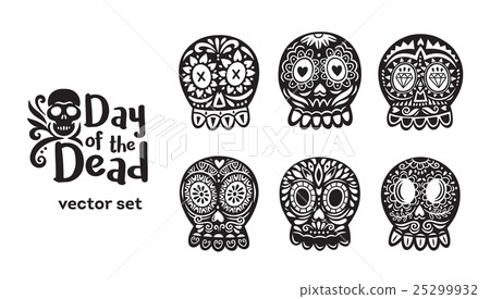Mexican sugar skull collection in black and white - Stock Illustration ...