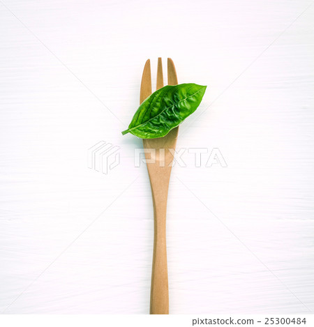 Closeup  fresh sweet basil leaves with fork   25300484