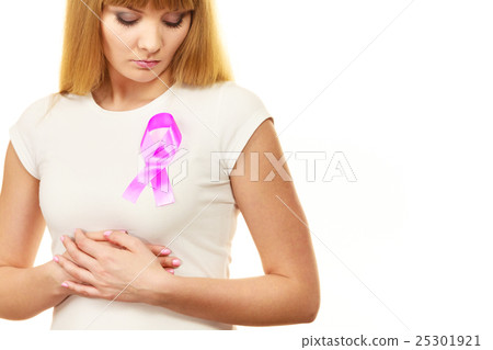Woman sad girl wih pink cancer ribbon on chest 25301921