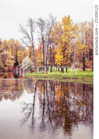 Autumn landscape with yellow trees and reflection 25304122