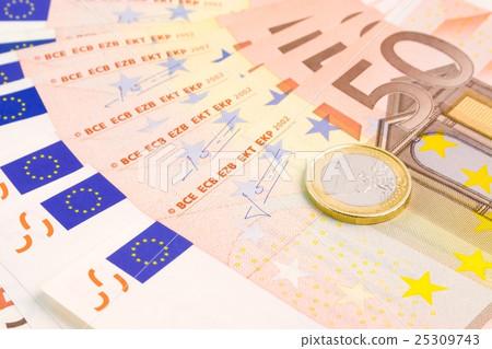 euro coin on 50-euro banknotes euro coin on 50-euro banknotes 25309743