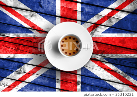 brexit cup of coffee with european union EU flag on grunge wood great britain uk flag 25310221