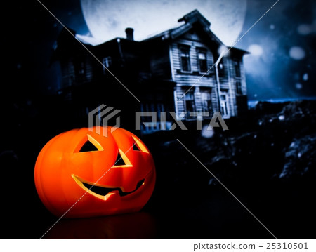 Halloween night background with scary house and bat and pumpkin Halloween night background with scary house and bat and pumpkin 25310501