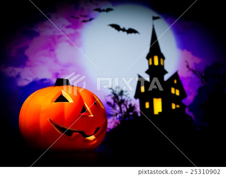 Halloween night background with scary house and bat and pumpkin Halloween night background with scary house and bat and pumpkin 25310902