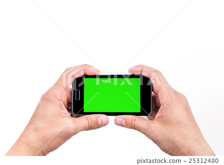 hand of man use mobile smart phone for shot a photo with chroma key green screen 25312480