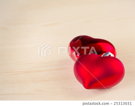 two decorative red hearts on wood background, concept of valentine day 25313031