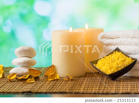 Spa massage border background with towel stacked, candles and sea salt Spa massage border background with towel stacked, candles and sea salt 25313113