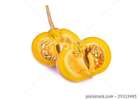 half cut pumpkin with seeds and stem on white  25313495