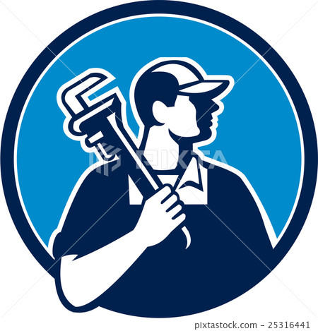 Plumber Holding Pipe Wrench Circle Retro Plumber Holding Pipe Wrench Circle Retro 25316441