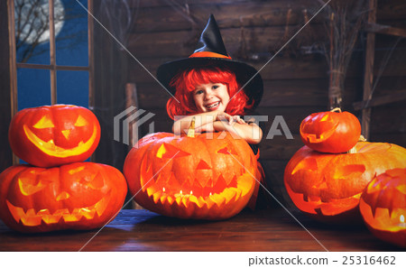 Halloween. child little witch with lantern pumpkin Jack Halloween. child little witch with lantern pumpkin Jack 25316462