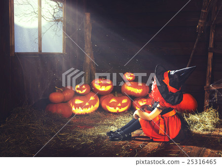 Halloween. child little witch with pumpkin by the window waitin Halloween. child little witch with pumpkin by the window waitin 25316465