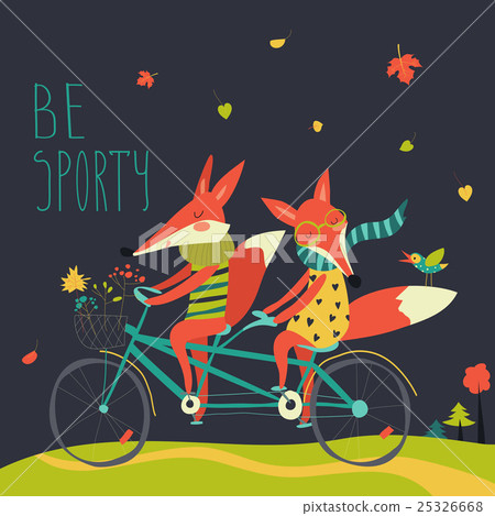 Cute couple foxes ride tandem bicycle 25326668