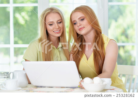 girls drinking tea with laptop girls drinking tea with laptop 25328162
