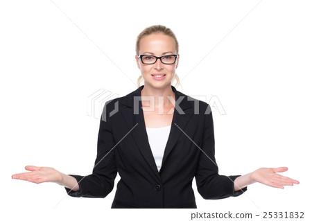 Business woman showing hands sign to sides. Business woman showing hands sign to sides. 25331832