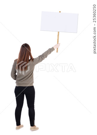 Back view woman showing sign board. Back view woman showing sign board. 25360250