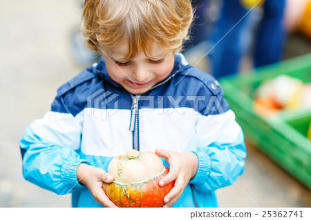 Little blond kid boy holding orange pumpkin Little blond kid boy holding orange pumpkin 25362741
