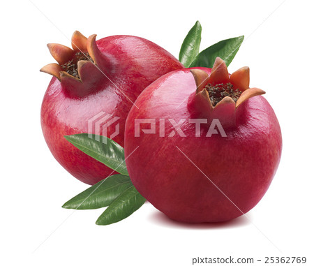 2 fresh whole pomegranates with leaves isolated 2 fresh whole pomegranates with leaves isolated 25362769