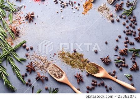 wooden spoons with spices and herbs 25362875