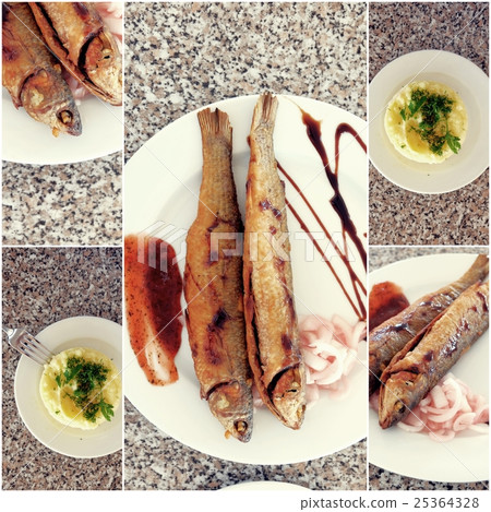 Collection of fried Fish and puree on Table Photo 25364328