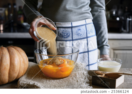 Adding sugar in the dough for pumpkin dump cake Adding sugar in the dough for pumpkin dump cake 25366124