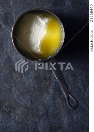 Melted butter in the stewpan on the background Melted butter in the stewpan on the background 25366449