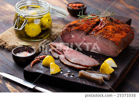 Beef pastrami sliced, roasted beef, slow cooking. Beef pastrami sliced, roasted beef, slow cooking. 25371038