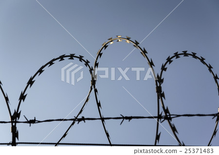Filtered picture of barbed wire prison fence  25371483