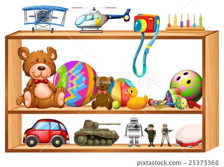 Toys on wooden shelves 25373368