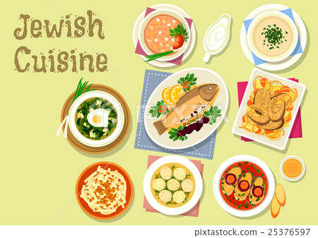 Jewish cuisine traditional dishes for dinner icon 25376597