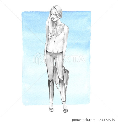 Watercolor fashion sketch. Full length girl. BW Watercolor fashion sketch. Full length girl. BW 25378919