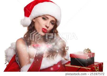 beautiful sexy girl wearing santa claus clothes with christmas g 25397572