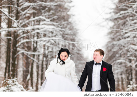 bride and groom in the winter woods 25400842
